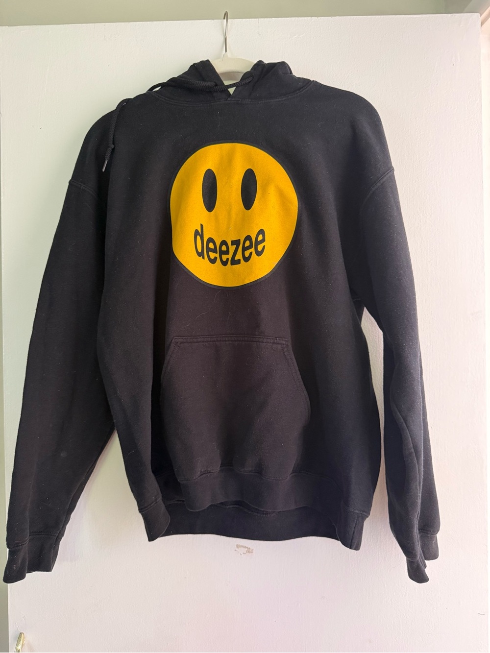 Black Hoodie with delta zeta Yellow Smiley Logo